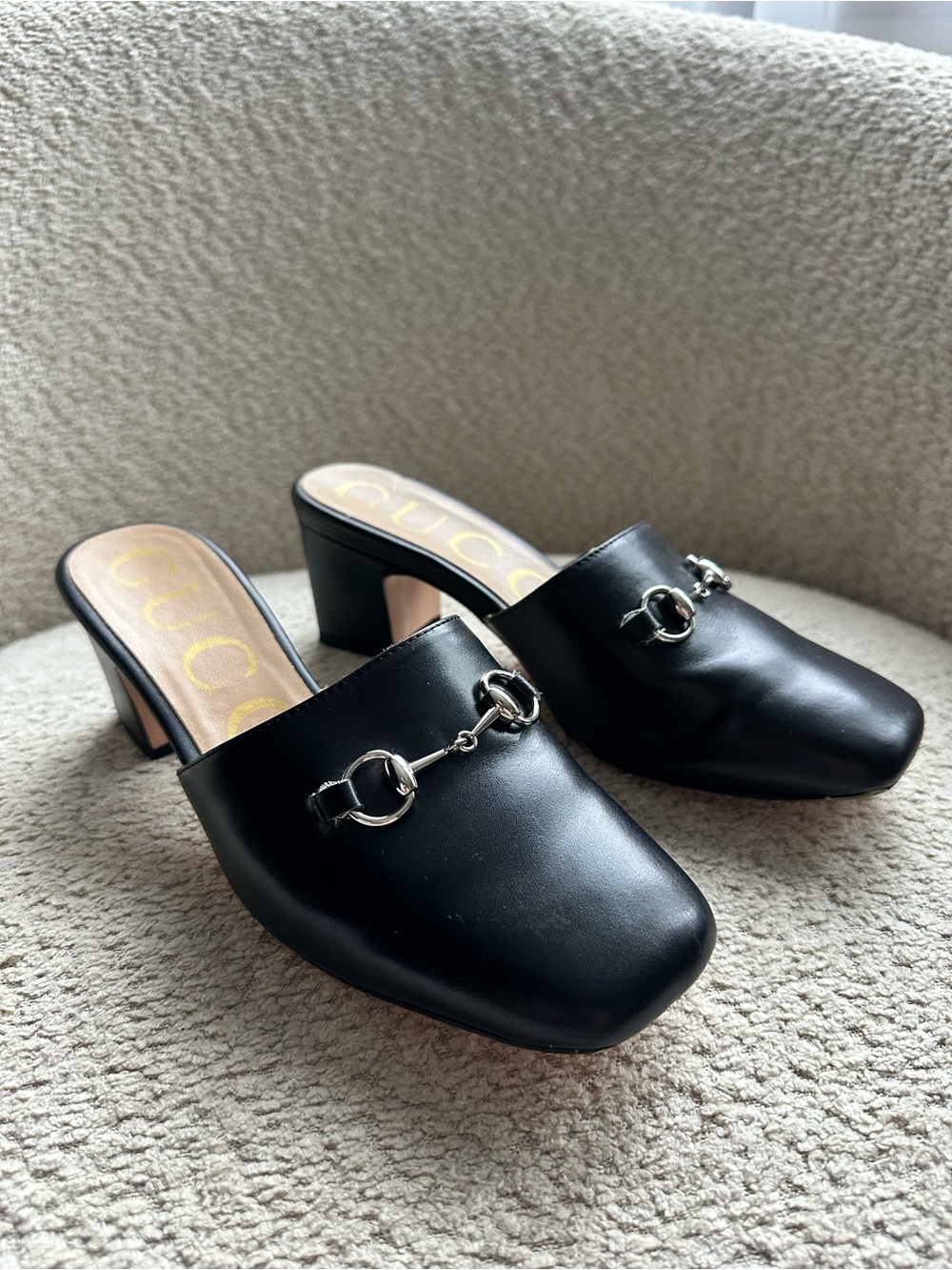 Gucci Black Leather Horsebit Mule Heels Size 39 Made in Italy